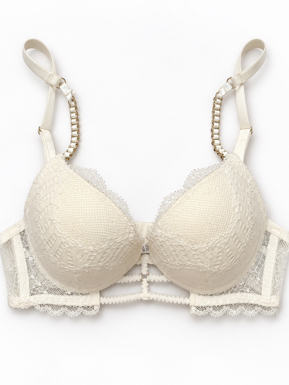 Intimissimi Simona Hidden Seduction Super Push-Up Bra Ivory 34B Lace Gold Chain